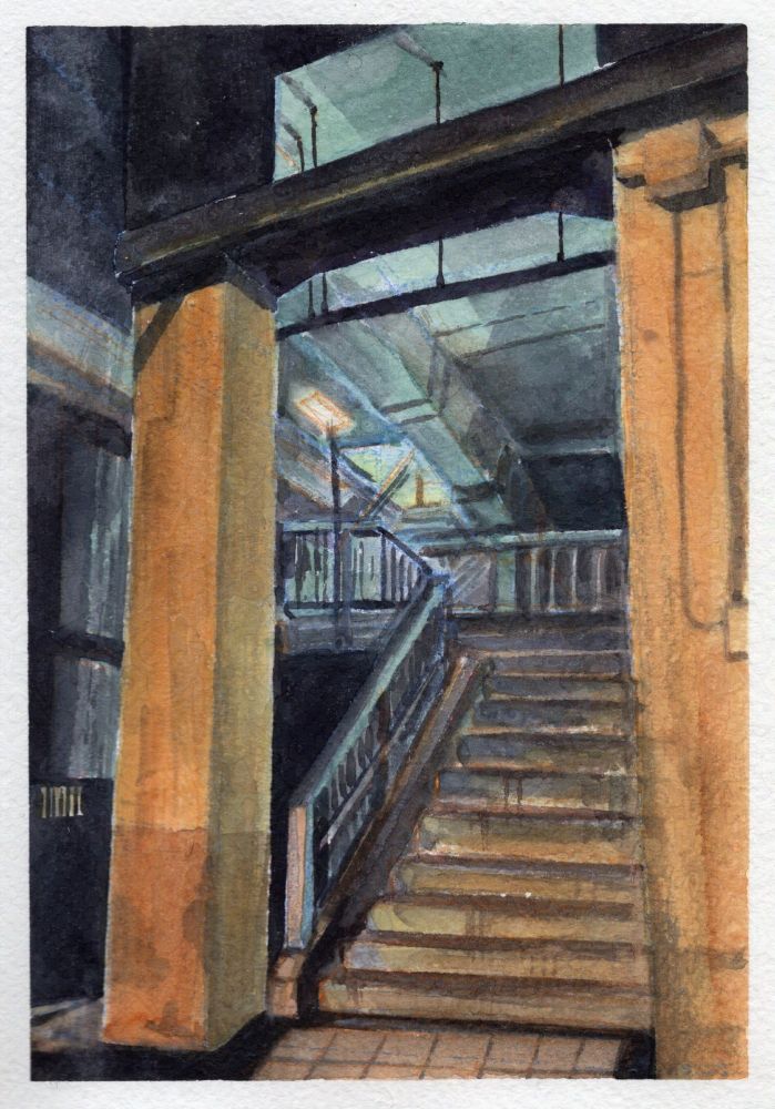Stairway, lit by orange light. Painting in watercolor