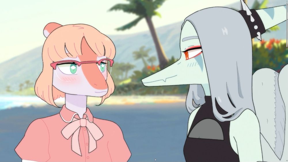 From Goodbye Volcano High. Naomi and Fang are looking at each other, smiling and blushing. The background is a beach with palmtrees.