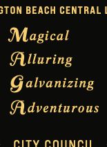 Detail of the previous image of the proposed plaque design for the 50th Anniversary of the Huntington Beach Central Library, zoomed in on the words:
"Magical"
"Alluring"
"Galvanizing" and
"Adventurous"