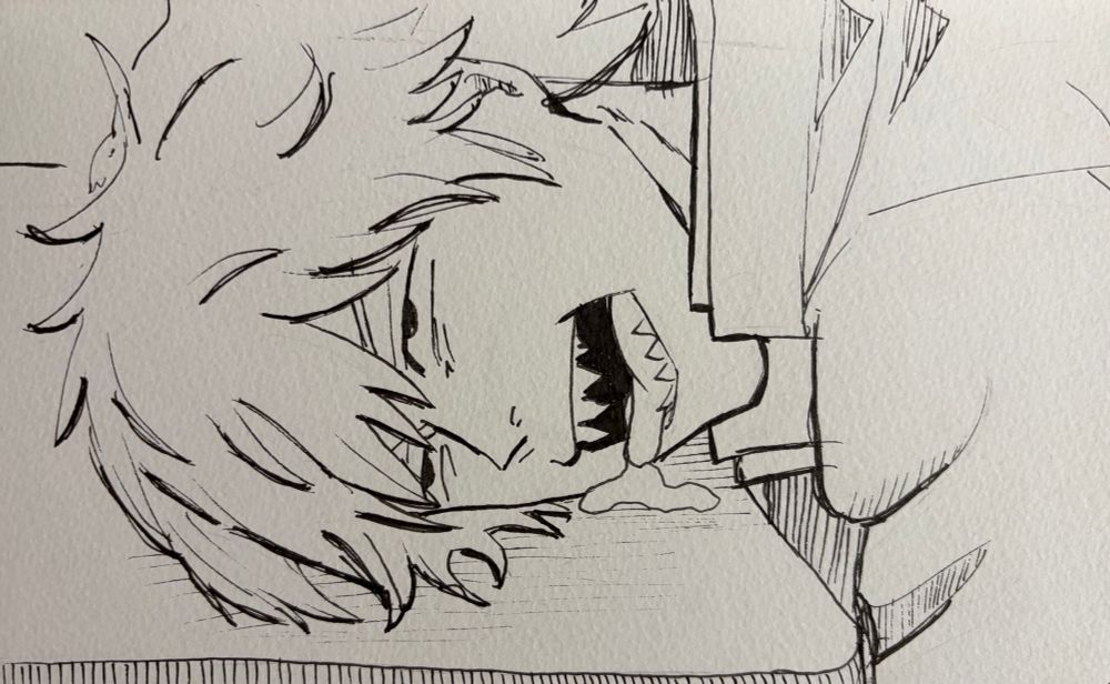 Feinliner Zeichnung: junge liegt mit Kopf auf Tisch. Zunge hängt raus, er sabbert