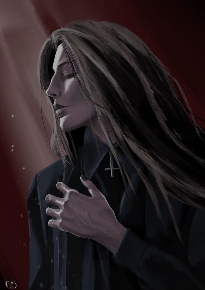 Digitales Portrait: Mann mit langem Haar steht unter einem Lichtschein. Er hat die Augen geschlossen und eine Hand auf seine Brust gelegt. Er trägt ein schwarzes Hemd und um den Hals ein umgedrehtes Kreuz. 