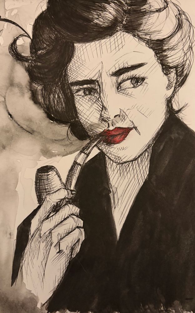 Tuschezeichnung einer Frau die Pfeife raucht