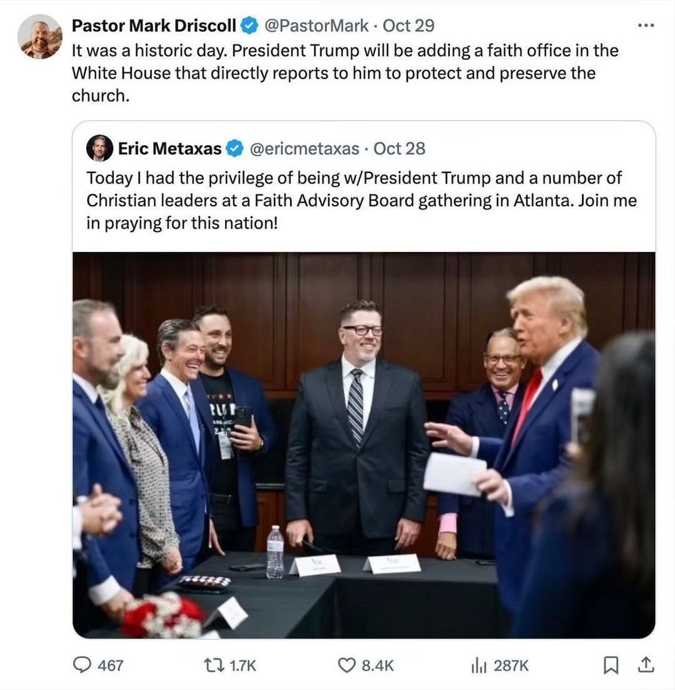 Photo of tweets that say "It was a historic day. President Trump will be adding a faith office in the White House that directly reports to him to protect and preserve the church."