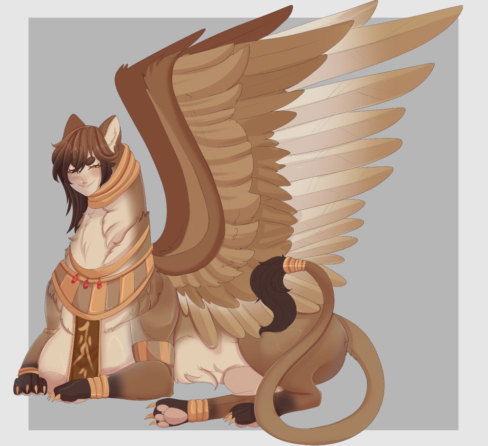 Daphne, a smaller but still large sphinx with light skin, brown and tan fur with matching hair and feathers on her wings.