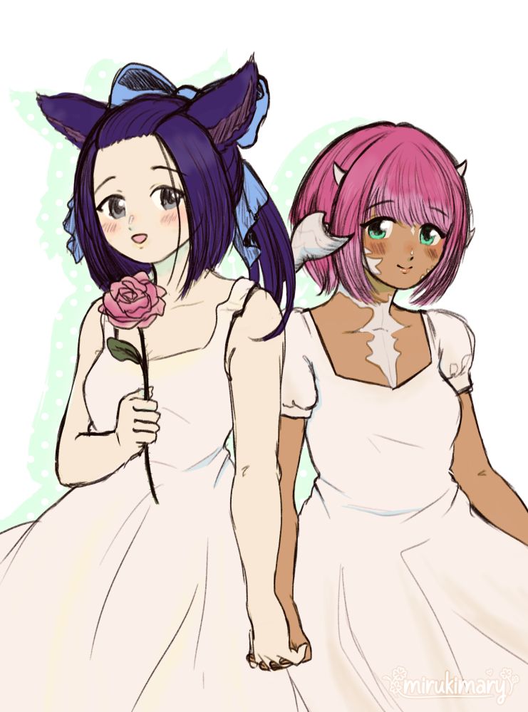 A sketch of Iola (miqo'te, left) and Torunn (au ra, right), loosely inspired by the artstyle common in visual novels in the 2000s. Complete with anime girl white dress and oversized head ribbon!