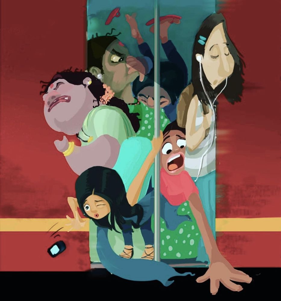 Colourful cartoony illustration of a crowd of ladies at the entrance to the ladies compartment of a Mumbai local train. One of them is struggling to get out but can’t because there’s so many people blocking her way. Another lady in the front just got jostled and has dropped her phone.  A lady on the other side is standing quietly unbothered with earphones on