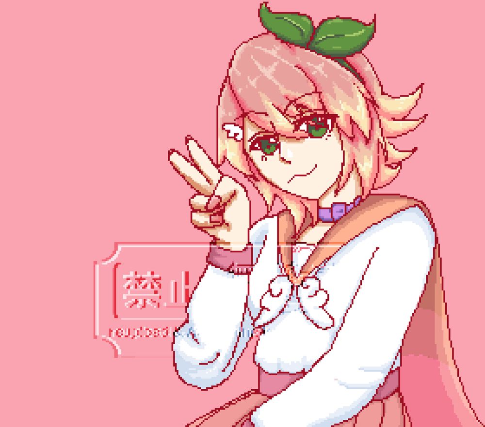 Pixel half-body art of Peachie sitting, with her right hand just at the side of her face with her mouth closed in a cat like smile. This is animated for her to blink occassionally. 

Peachie is dressed in a sailor uniform type outfit, as a long sleeve top with a white base. The cuffs are a pink and the collar is past her back, starting at orange and blending into a pink. She has a pink skirt that matches the cuffs and a thin orange mesh covering. The scarf is shaped like simple angel wings and she wears a green bow shaped like leaves. She also wears a simple angel wing clip on the right side of her bangs. Her hair is shoulder length-ish and is peach pink, with a light yellow ombre from the ends and upper bangs. Her eyes are green and she has a simple lilac purple bow around her neck. She's wearing some light nail polish (visible on only her right hand) that matches the pink shading in her hair.

There's a water mark overlay that states "reupload and AI training is prohibited."