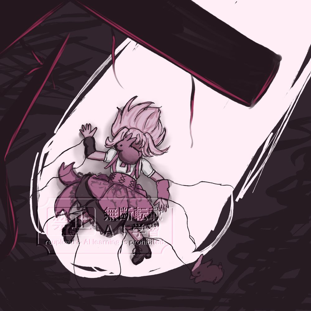 Illustration for prompt two, puppet, features a very dark puppet handle and scissors at the upper left with strings not attached to anything dangling down but some strings in the blade of the scissors. The puppet is on her back on the ground, a bright spot light shining on her specifically. There's a bunny sat on her chest, blocking the view of her face and a bunny just outside of the spot light, chewing on the end of one of the strings attached to her.

The puppet is wearing a white short puffed sleeve shirt under a dusty pink skirt that covers her whole midsection like a corset and has straps over her shoulders. The skirt has a black underlayer and hints of ribbon tails at the back. She's wearing mismatched arm warmers, her left one being the same pink as her skirt and the right being black. She's also wearing boots. She has long light pink hair that's pushed up behind her and seemingly worn part up with a couple of pony tails on either side of her head.

There's a watermark that states "reupload and AI learning is prohibited."