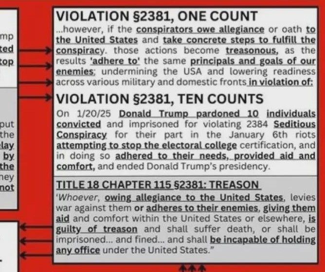 Image Text: 

VIOLATION §2381, ONE COUNT

...however, if the conspirators owe allegiance or oath to the United States and take concrete steps to fulfill the conspiracy. those actions become treasonous, as the results 'adhere to the same principals and goals of our enemies; undermining the USA and lowering readiness across various military and domestic fronts in violation of:

VIOLATION §2381, TEN COUNTS

On 1/20/25 Donald Trump pardoned 10 individuals convicted and imprisoned for violating 2384 Seditious Conspiracy for their part in the January 6th riots attempting to stop the electoral college certification, and in doing so adhered to their needs, provided aid and comfort, and ended Donald Trump's presidency.

TITLE 18 CHAPTER 115 §2381: TREASON

'Whoever, owing allegiance to the United States, levies war against them or adheres to their enemies, giving them aid and comfort within the United States or elsewhere, is guilty of treason and shall suffer death, or shall be imprisoned... and fined... and shall be incapable of holding any office under the United States."

Arrows point to the next image in the thread, and there are arrows that point from the last image in the thread.