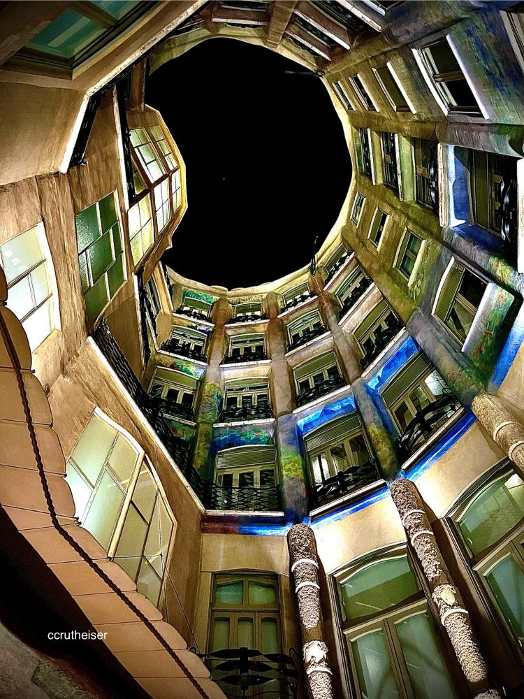 Night shot of the atrium at the Casa Milà in Barcelona 