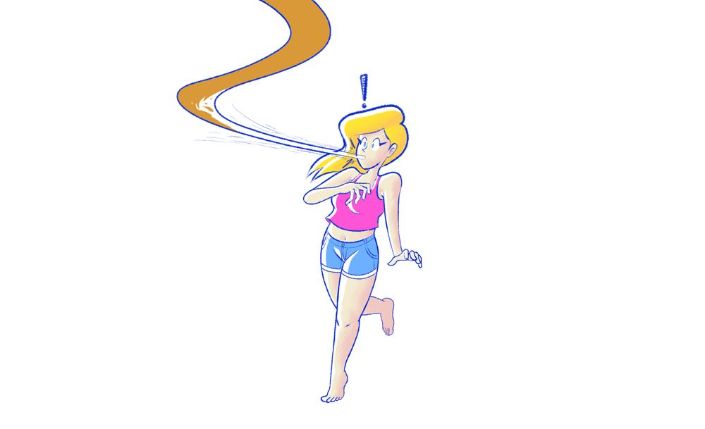 girl in a featureless white void suddenly has a tube come out of nowhere and put itself in her mouth! she's startled! and the tube is starting to fill with an orange Mystery Substance™... she's got a pink tank top, light blue short shorts, and blond hair. and also no shoes because im even worse at drawing those than i am at feet, sorry.
