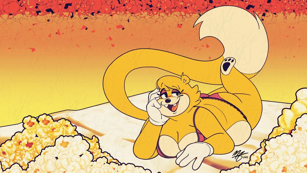 Butterpop the Bearcat, laying on her bed; wearing a cute bra and panties as she holds her head up with her right hand. Looking in the direction of the viewer with half opened eyes; surrounded by popcorn motifs in the background and in the foreground. Her legs in a gentle, playful kicking motion as her tail curves behind them.