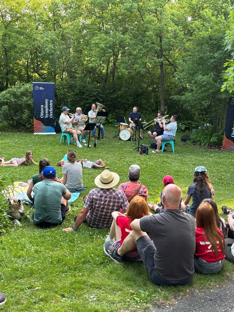 Members of the brass section of the Ottawa Symphony Orchestra perform in casual clothes in a green park while people sit on the grass to listen and kids play on the lawn.  