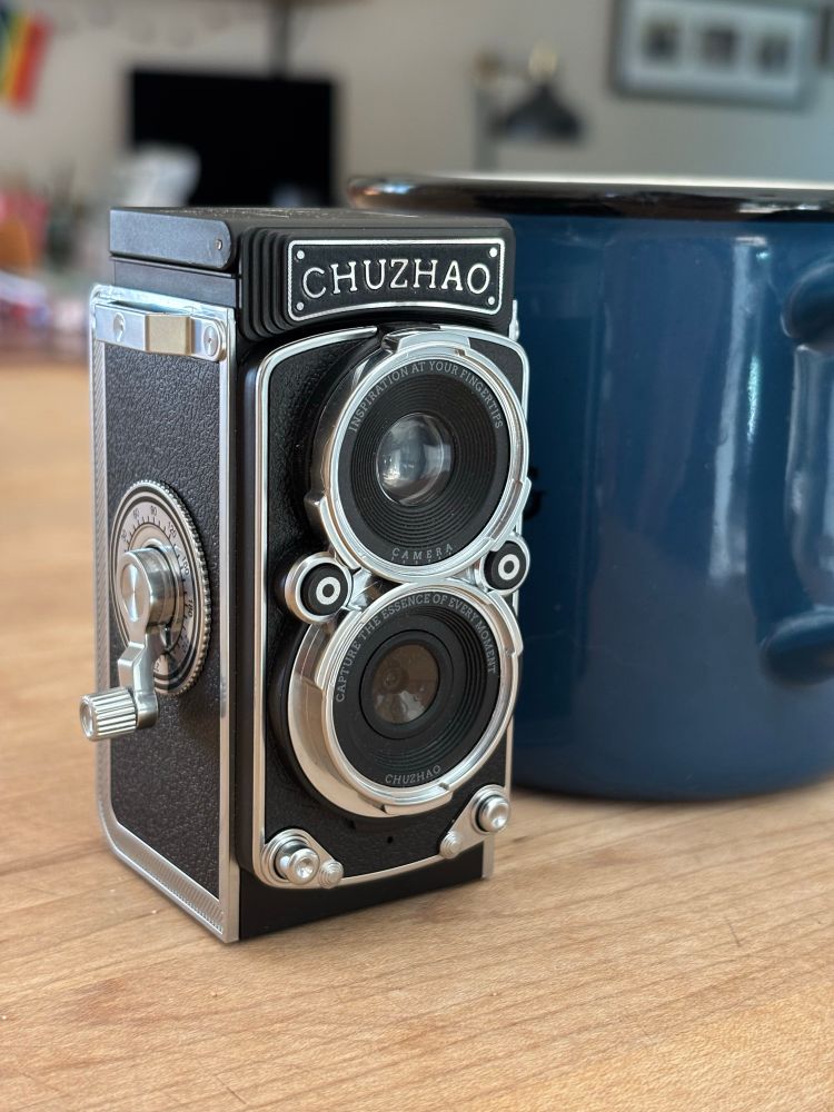 My new Chuzhao digital faux twin lens reflex camera beside my coffee cup - it’s considerably smaller. 