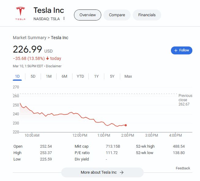 Market Summary
 > 
Tesla Inc
226.99 USD
−35.68 (13.58%)today