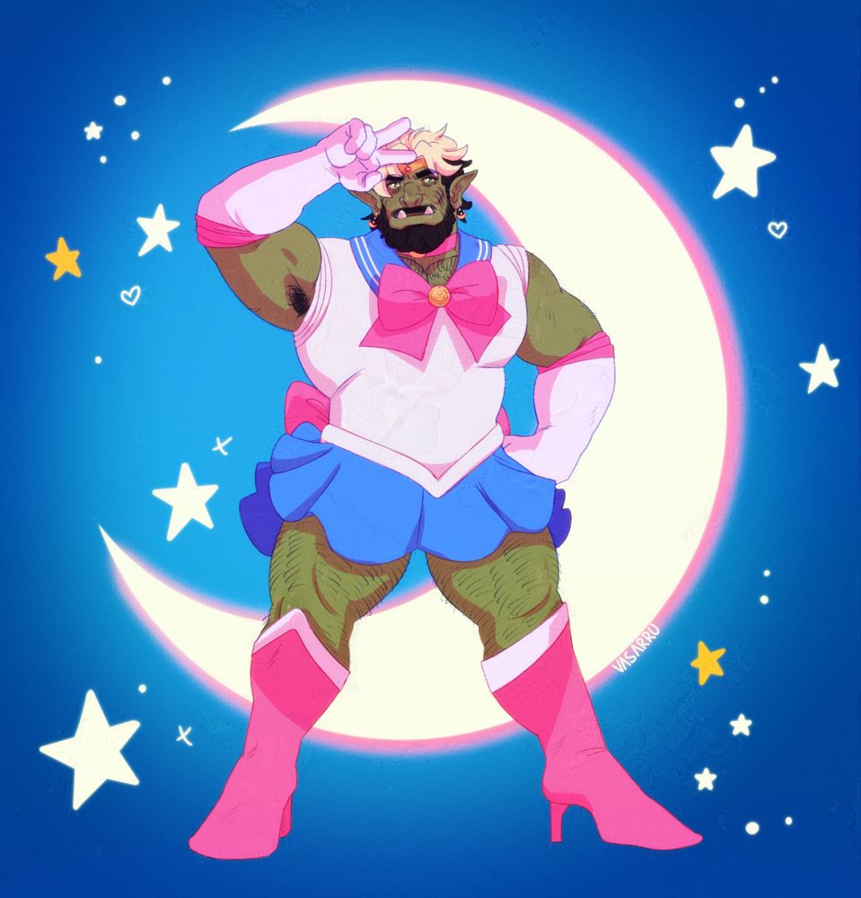 Hilton, big buff green orc dressed up in a Sailor Moon costume, and doing the same pose as her. Holding up a peace sign over his head and one had on his hip.
The background is the SM background with the crescent moon and stars shining behind him.