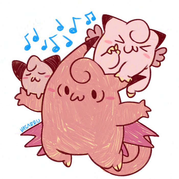 Cleffa, Clefairy and Clefable all together. Drawn with dark outlines, they are coloured pink in a very scribbly way. There are blue music notes above them to the left.