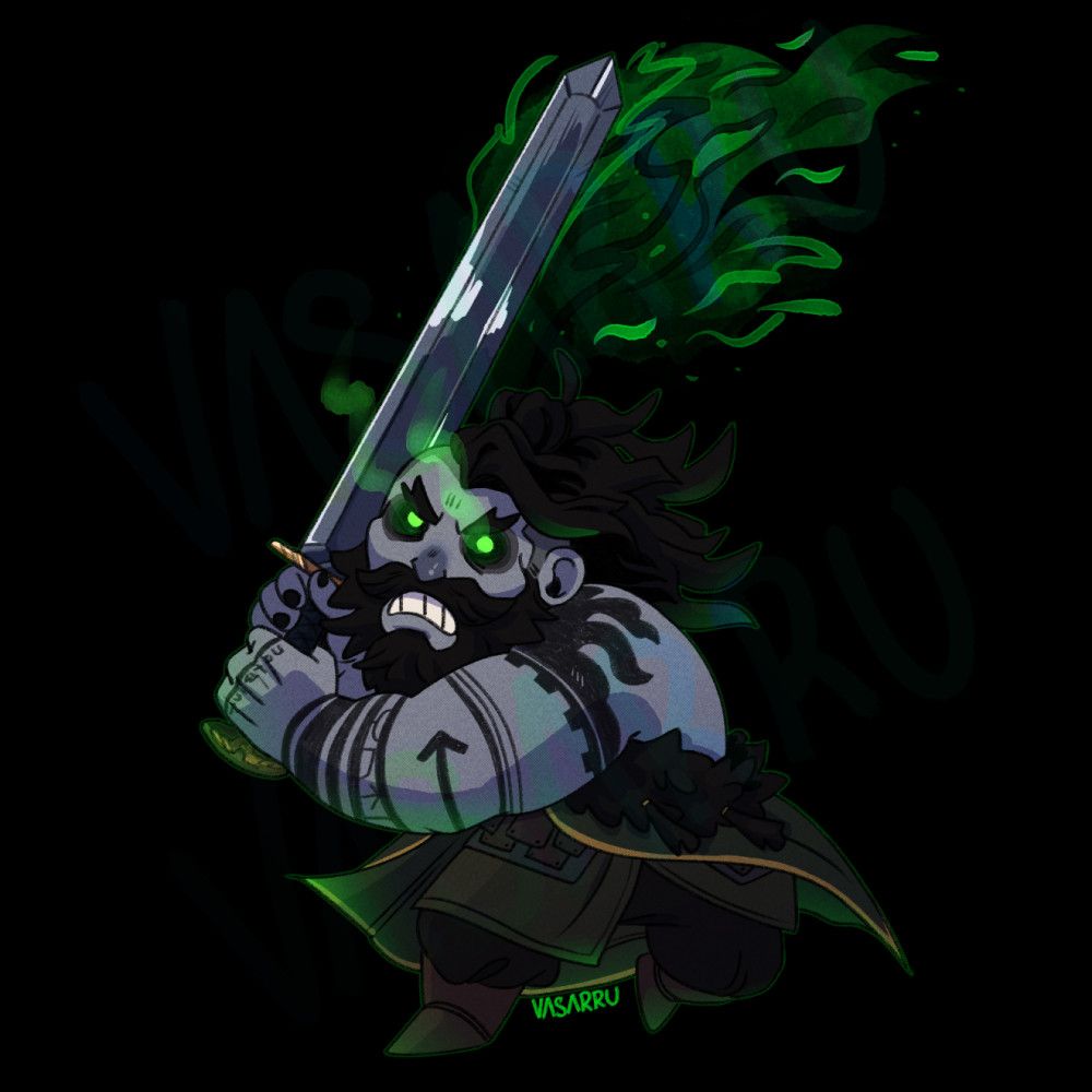 small and cute version of a grey pale man (draug) with tied up long black hair and full beard. He's got glowing green eyes and an angry grin. 
He's wielding a big sword engulfed in green flames, and is charging up to swing it at the viewer. 