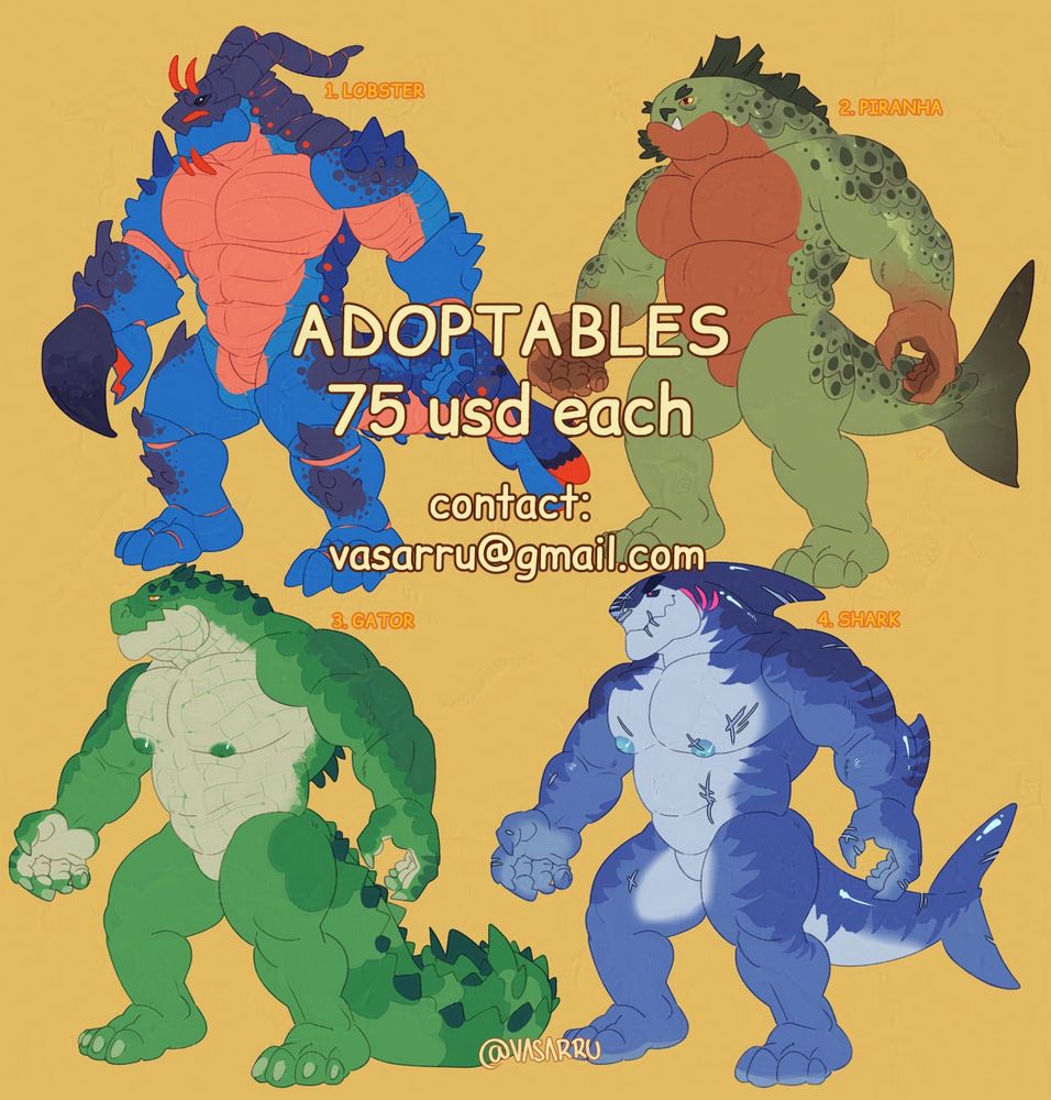four full body drawings of an anthro lobster, piranha, gator, and a shark.
They're adoptables/character designs in the same pose, based on different water-dwelling animals.