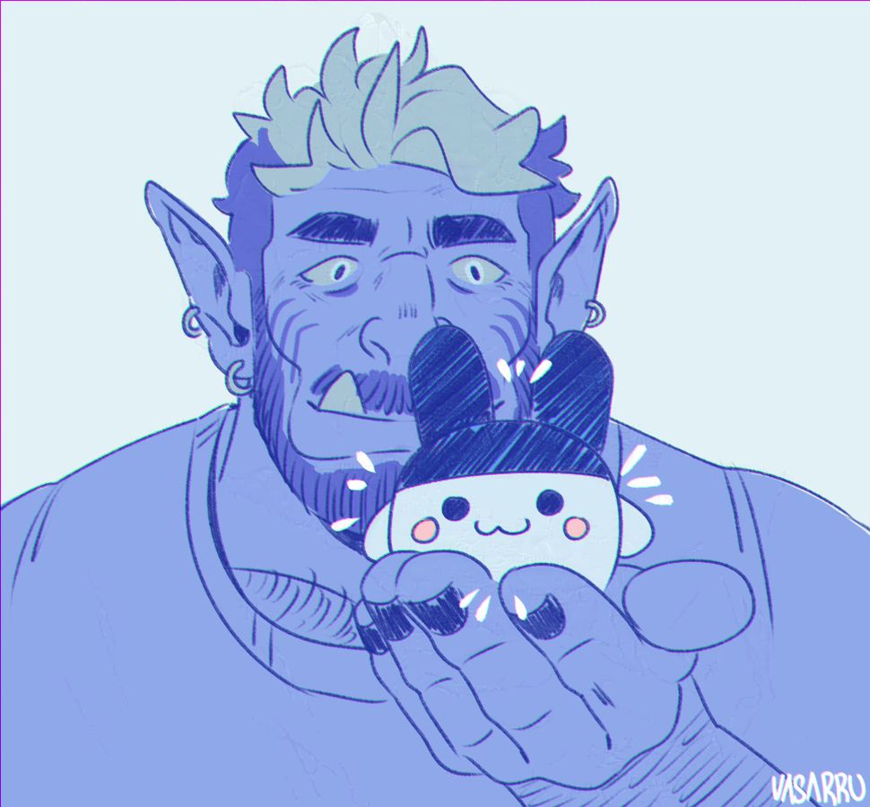 Bust drawing in blue shades.
Hilton the orc holding up a small plushie of the tamagotchi;  mimitchi.

