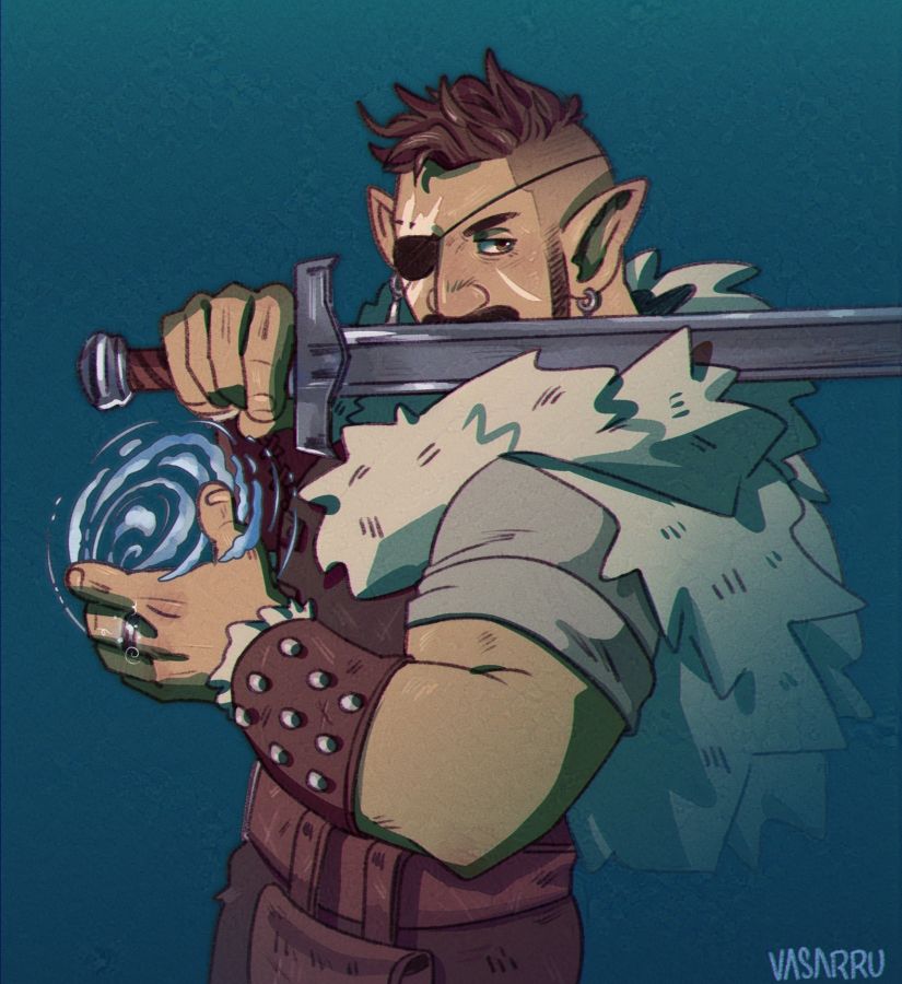 waist up of Ingram, a short elf with shaved sides and a tuft of brown hair ontop. He has short facial hair and mustache. His scarred right eye is covered with an eyepatch.
He's wearing brown leather clothes and a light furry cloak is draped over his shoulders.
He's standing sideways and facing the viewer with his head slightly turned, he's holding his sword with his right hand over his left shoulder, covering half his face with it.
His other hand is  open and there is swirling air magic in it.