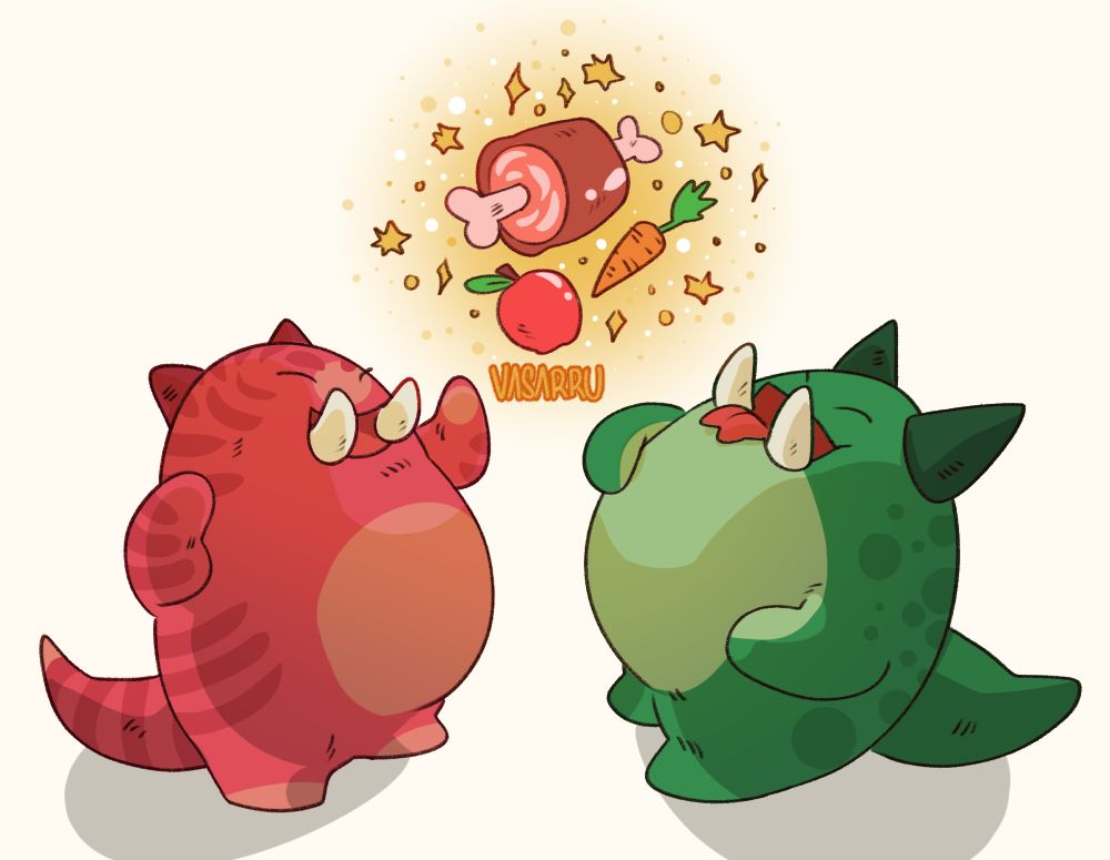 two small very round devil creatures.
They have horns, tails, and big tusks.
the left one is red with darker stripes, like a tiger.
the right one is green, with darker green spots on the back.
They cheerfully look up towards food thats floating between them.
