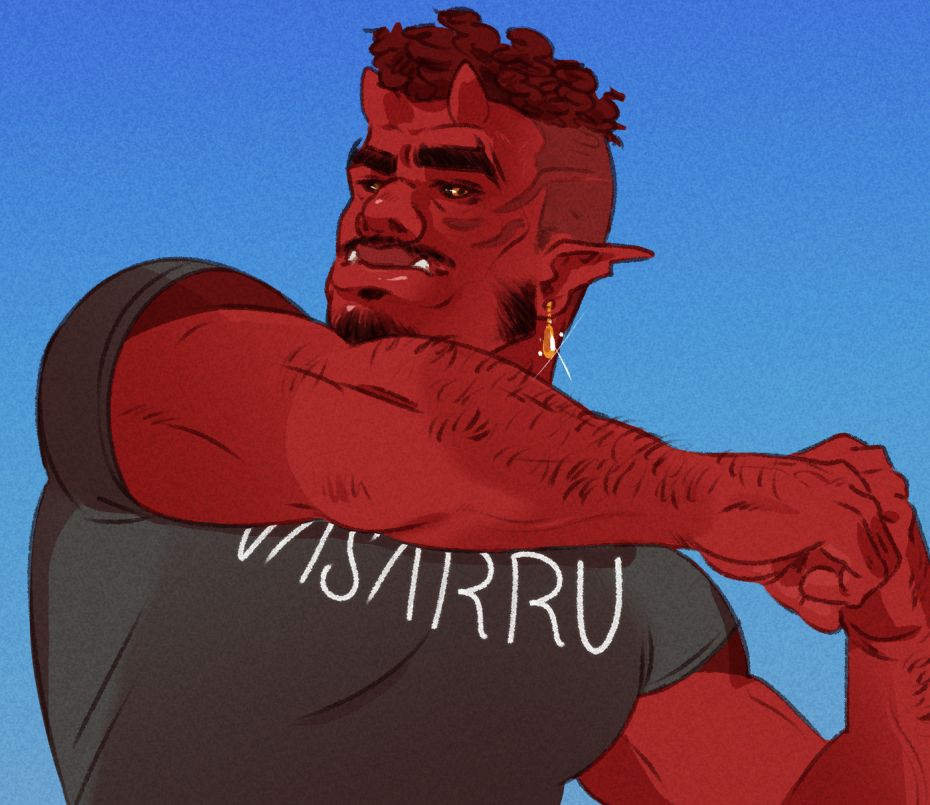Aster, a full red demon. He has darker red short hair and buzzed sides and some patchy facial hair.
He has two small horns. Three dark scars on the left side of his face.
He's holding one arm over his chest in a sort of stretching pose.