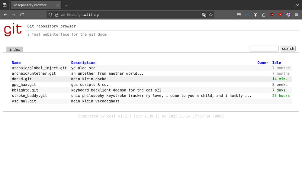 screenshot of git.w212.org, showing an instance of cgit.
projects listed are: archaic/global_inject.git, archaic/untether.git, dockd.git, gps_hax.git, kblightd.git, stroke_buddy.git, and vsc_mal.git.