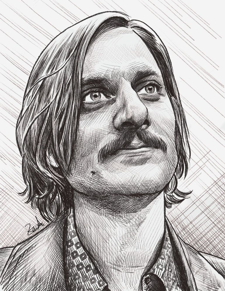 A cross hatching of a close portrait of Luca Marinelli as Primo from Trust FX. Primo is gazing up into the distance, smirking and looking self satisfied.