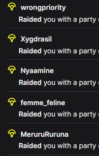 Screenshot of streamers who have raided MochiMewMew on Twitch in the following order: wrongpriority, Xygdrasil, Nyaamine, Femme_feline, and MeruruRuruna