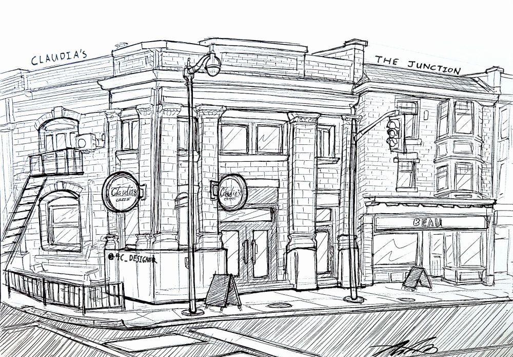 A pen sketch of Claudia's Cafe in the Junction