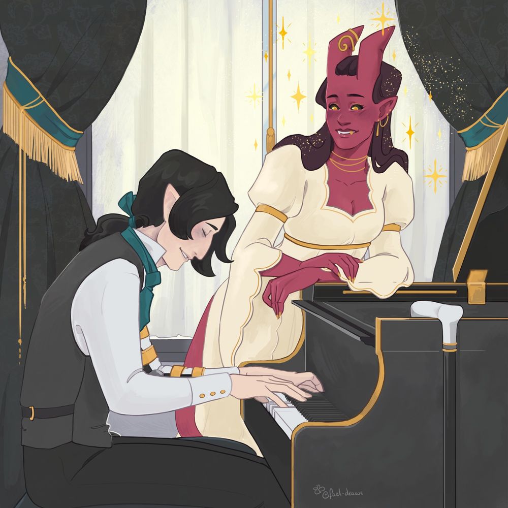 Tails of Waterdeep dnd campaign art - Lidia, red tiefling cleric woman, leans on a piano in front of a window sparkles. She is looking softly at the half elf man playing the piano. There's a cane hooked on the piano. 