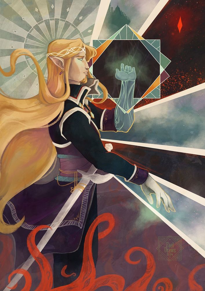 High Rollers Aerois fanart. In an style inspired by the DA:I tarot. Lucius in profile, geometrical magic in blue and orange on the left hand, a halo behind his head and Hadar tentacles coiling around his legs 
