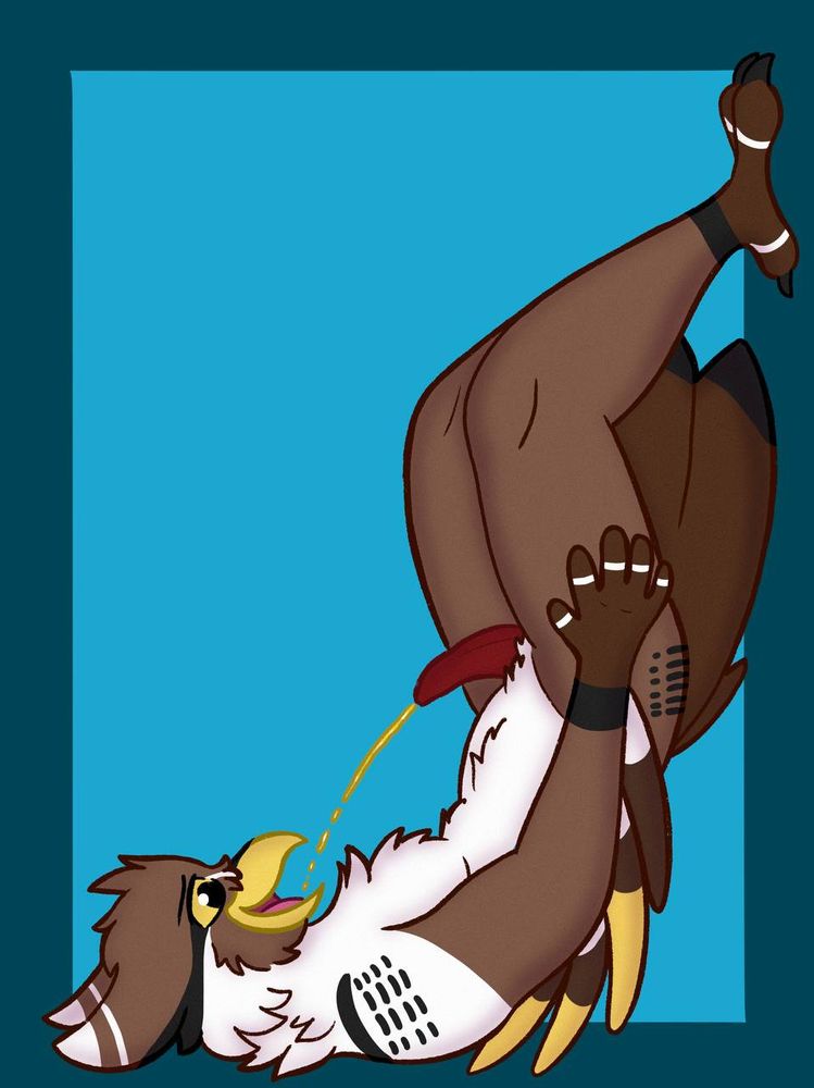 Bio lying on their back, with their legs propped against a wall. Their tapered, prehensile penis is erect and pissing into their open beak and they have a happy expression on their face.