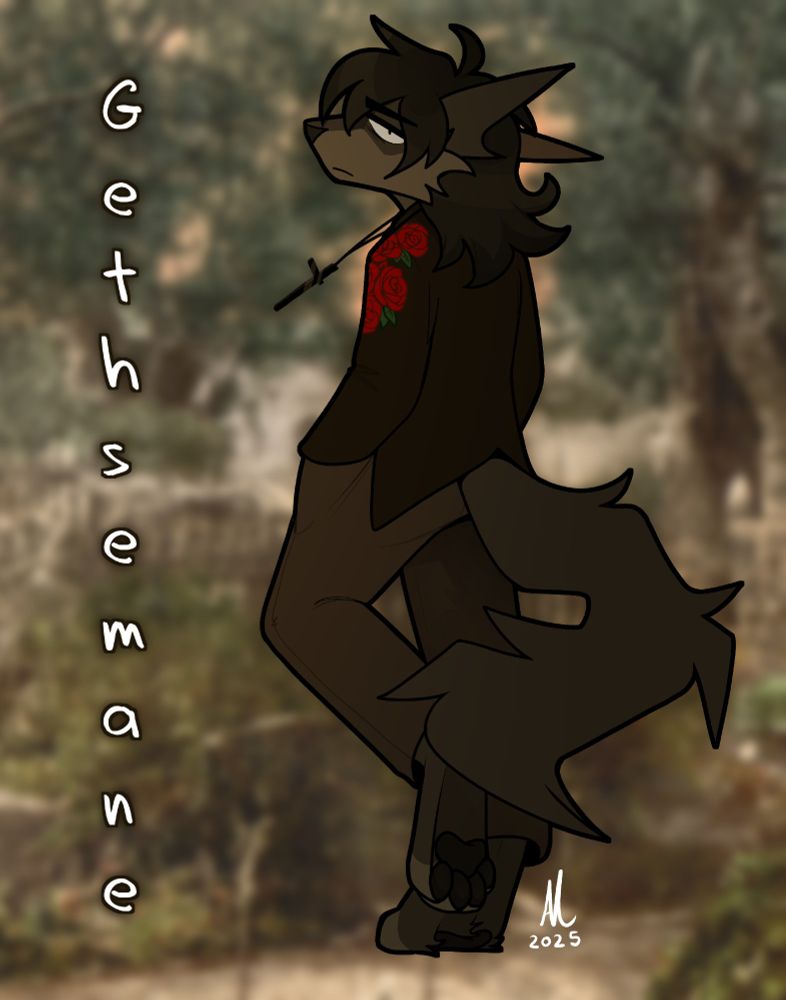 An anthro grey wolf wearing a jacket with roses and a broken cross necklace, with the text "Gethsemane" written vertically down the side of the image.