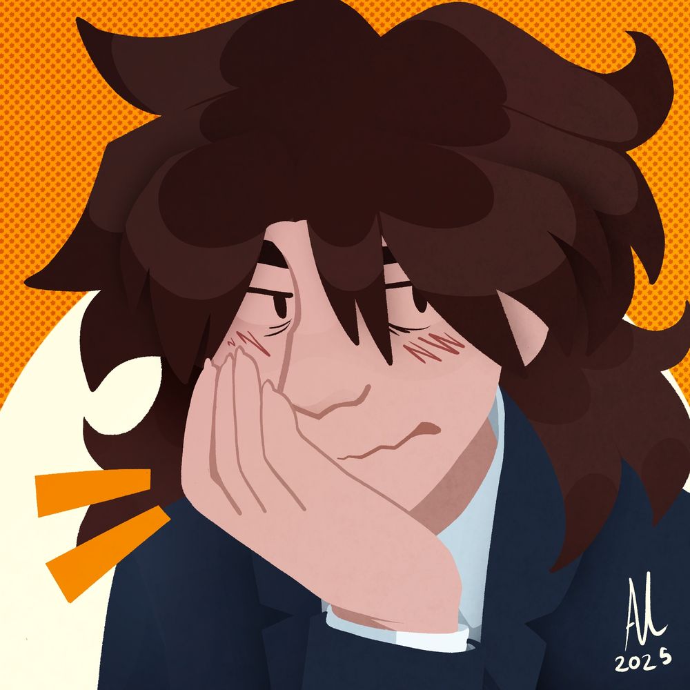 Shoulders up lineless drawing of Julia (She/Her), a woman with brown hair in a suit, holding her head in one of her hands with a disgruntled expression.