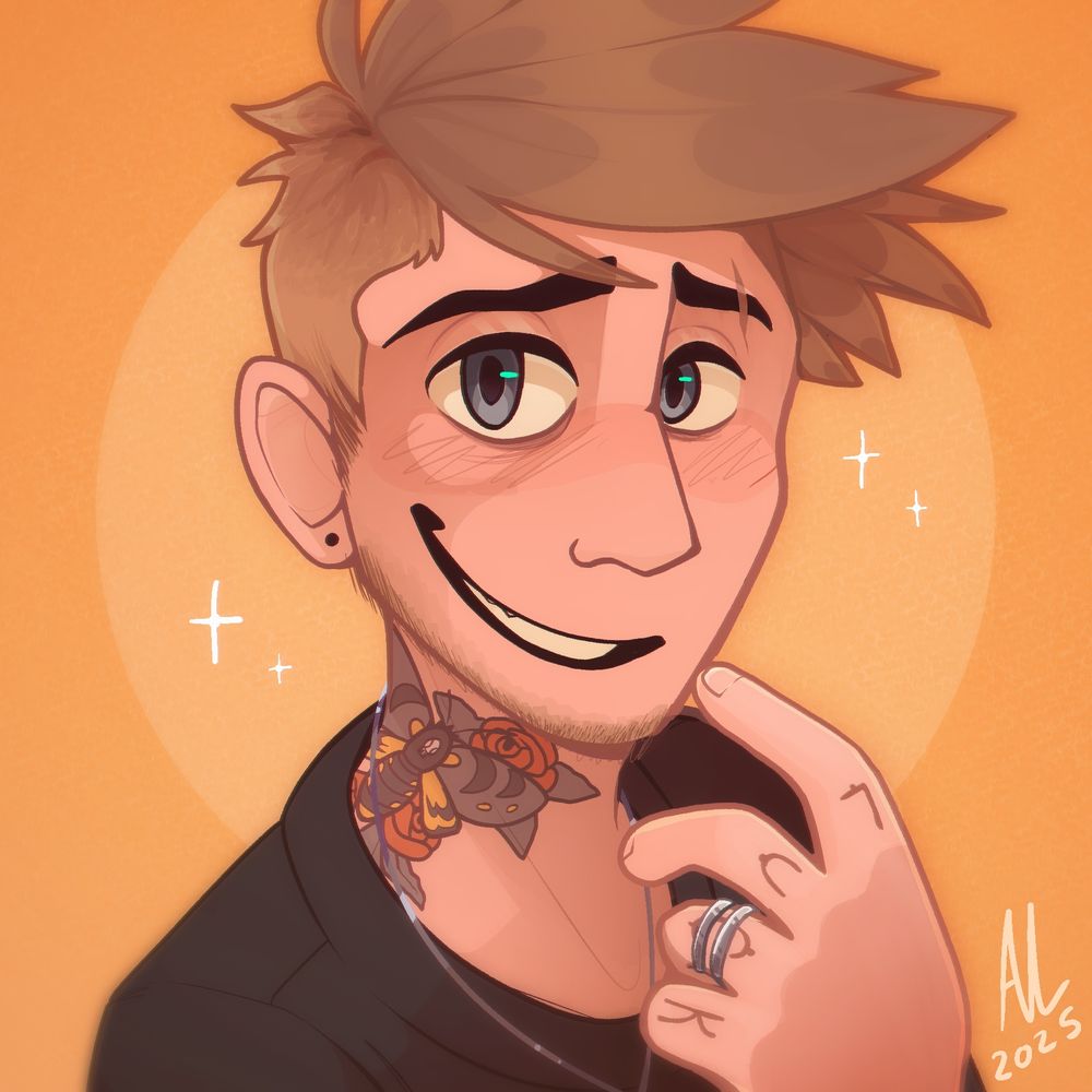 shoulders up drawing of Hogarth (He/They), a human with fair skin, blonde hair and blue-grey ish eyes.
He has  moth tattoo on his neck, and "LUCK" on his hand, which he is holding up to his face. yellow background.