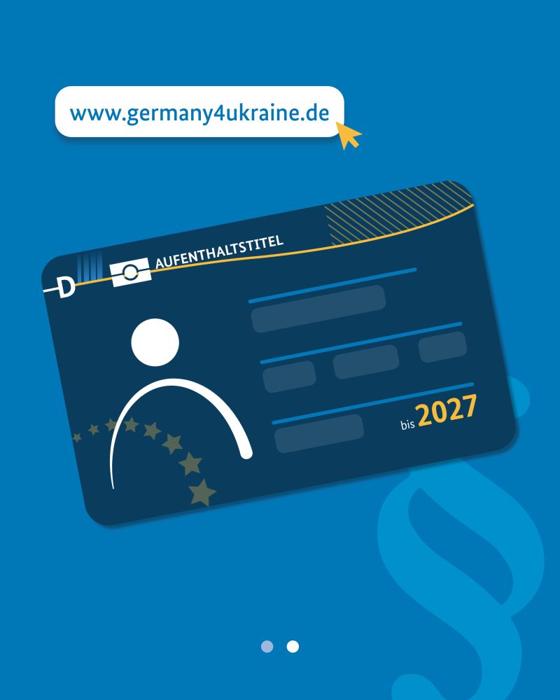 Grafische Darstellung einer blauen Aufenthaltskarte mit dem Text 'AUFENTHALTSTITEL' und dem Jahr 'bis 2027', daneben ein Link 'www.germany4ukraine.de'.