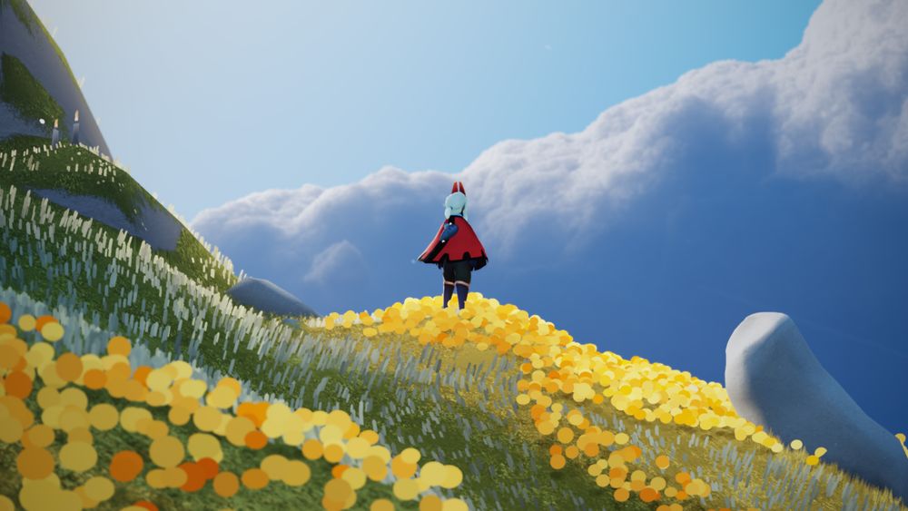 A picture taken from Sky: Children of the Light of a player standing on a rolling flowery hilltop, overlooking big clouds.