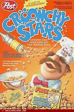 The box for the discontinued Cröonchy Stars cereals. The Swedish Chef from the Muppet Show is pictured, holding a bowl of cereal.