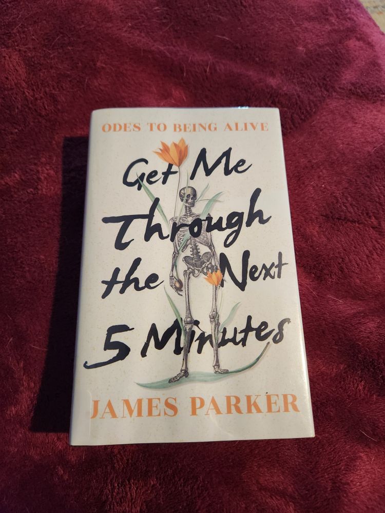 The book Get Me Through the Next 5 Minutes odes to being alive by James Parker laying on a red blanket. The cover is white with a skeleton and a flower woven through the bones.