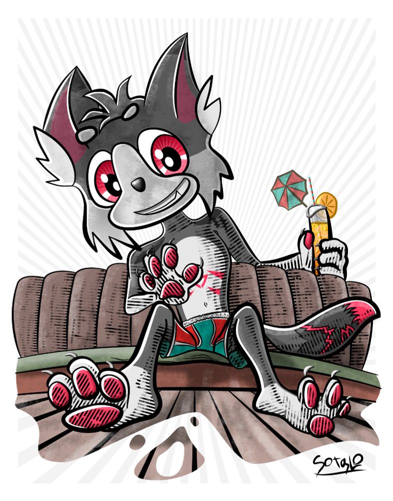 A cartoon cat in Kemono style sitting on a sofa with a Fuzzy Naval drink in hand. He smiles and waves coyly.