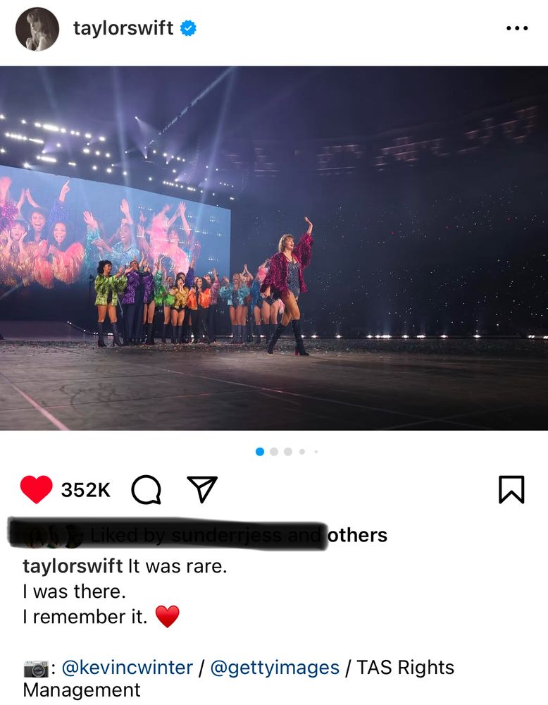 Taylor Swift’s Instagram post celebrating the end of the eras tour. The photograph is her waving goodbye to the crowd at the end of the show. The caption reads “it was rare. I was there. I remember it ❤️”