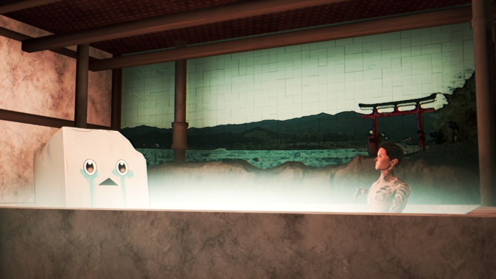 To-Fu, the crying tofu mascot takes a dip in a hot spring