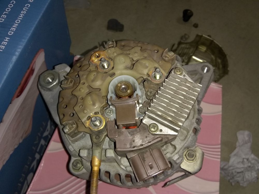 New alternator brushes installed on Toyota Alternator after cleanup.  Back on the car it goes.