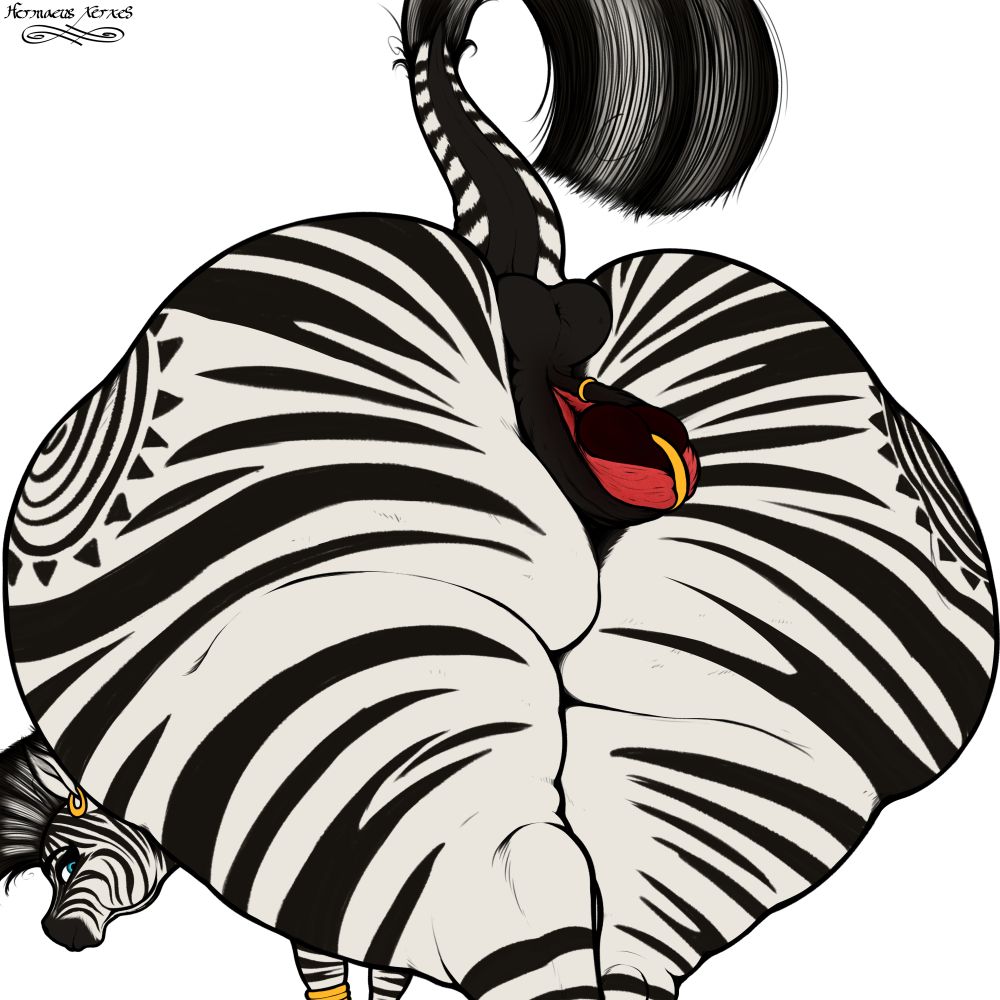 Zecora showing her huge ass to the viewer, she's flicking her tail up, showing her fat ponut, equine vulva and winking clit. Her labia and clit have ring piercings through them.