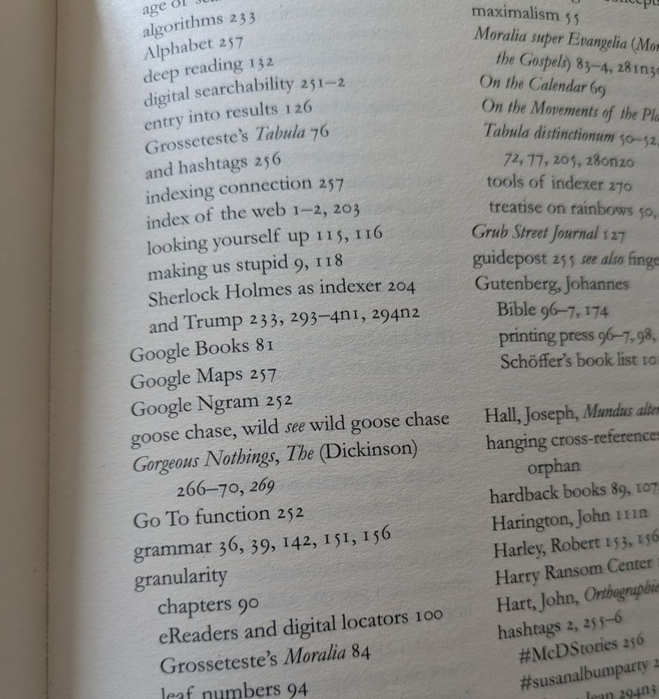 Photo of part of a page of an index, black type on white. It includes three consecutive entries that start 'Google '.