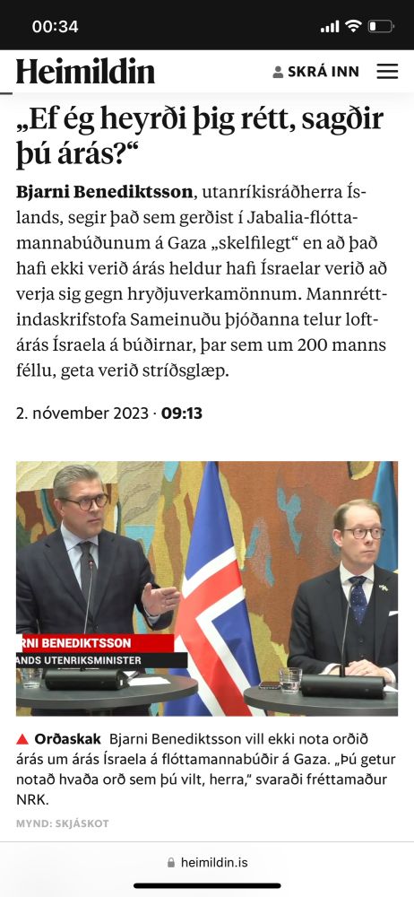 A screenshot from Heimildin about Bjarni Ben asking and criticising a journalist about his use of the word attack in relation to an attack on refugee camp in Gaza