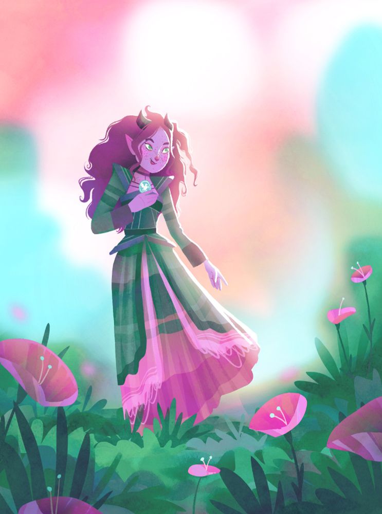 A digital drawing on a tiefling cleric, wearing a green and pink robe. She's standing in a field with pink flowers.