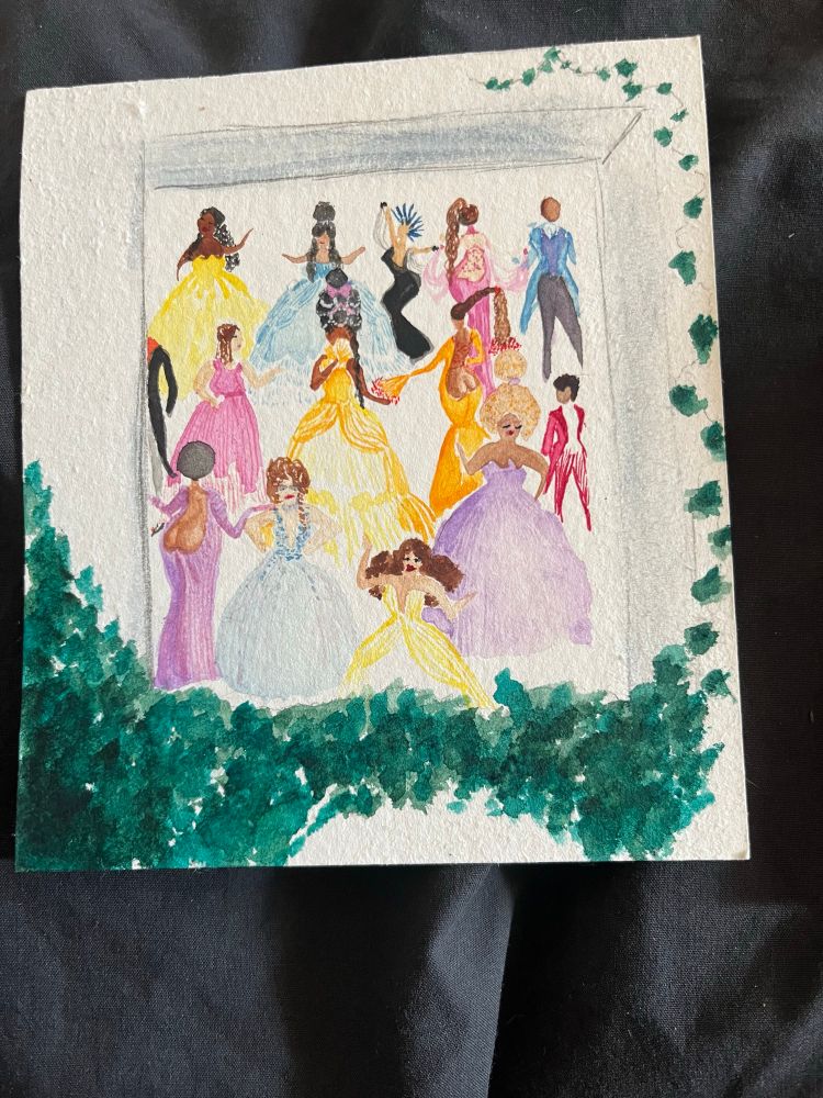 Viewer looks in through window upon a party